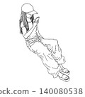 一位戴著帽子、穿著T恤和牛仔褲的女士坐著看著她的智慧型手機（單色） 140080538