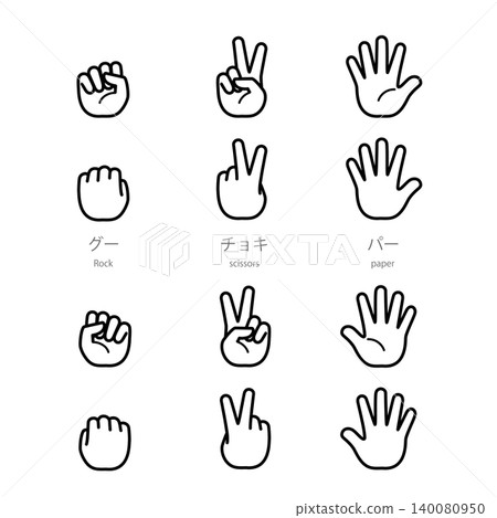 石頭剪刀布手勢（石頭、剪刀、布）向量圖示集，單色線條藝術。 140080950