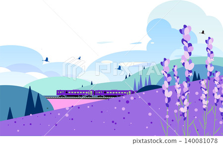 一幅插圖描繪了一列紫色的本地火車穿過薰衣草田,鳥兒在田間飛翔——這是初夏的景象。 一幅插圖描繪了一列紫色的本地火車穿過薰衣草田,鳥兒在田間飛翔——這是初夏的景象。 140081078