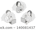 A set of monochrome illustrations of adults taking a break with a cup of coffee. 140081437