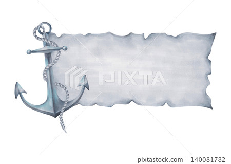 Watercolor nautical frame with an anchor and rope in a vintage style. Sheet of paper with space for text. Hand drawn illustration with a scroll for cards, invitations, posters, nautical design. Watercolor nautical frame with an anchor and rope in a vintage style. Sheet of paper with space for text. Hand drawn illustration with a scroll for cards, invitations, posters, nautical design. 140081782