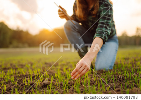 Farmer woman in boots checks the quality of the soil before sowing in her hands with digital tablet. Farmer woman in boots checks the quality of the soil before sowing in her hands with digital tablet. 140081798
