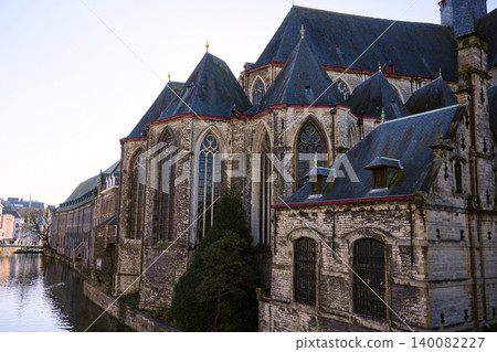 Gothic church canal historic architecture Ghent Belgium Gothic church canal historic architecture Ghent Belgium 140082227