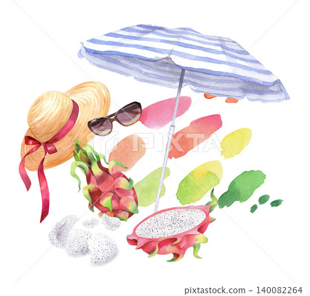 Composition of the beach umbrella, pitahaya, straw hat with ribbon, sunglasses and watercolor spots. Watercolor illustration for design, cards, cover, prints, product labels and fabric Composition of the beach umbrella, pitahaya, straw hat with ribbon, sunglasses and watercolor spots. Watercolor illustration for design, cards, cover, prints, product labels and fabric 140082264