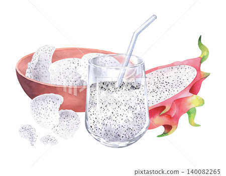 Composition of the pitahaya, bowl with the pulp of pitahays and glass with the pitahaya smoothie and glass straw. Watercolor illustration for design, cards, cover, prints, product labels and fabric Composition of the pitahaya, bowl with the pulp of pitahays and glass with the pitahaya smoothie and glass straw. Watercolor illustration for design, cards, cover, prints, product labels and fabric 140082265
