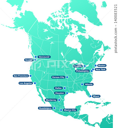 North America, soccer cities, turquoise political map, with sixteen football cities in Canada, Mexico and the United States, and international country borders. Isolated illustration over white. Vector North America, soccer cities, turquoise political map, with sixteen football cities in Canada, Mexico and the United States, and international country borders. Isolated illustration over white. Vector 140083521
