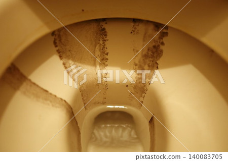 A toilet bowl stained with mold. A toilet bowl stained with mold. 140083705