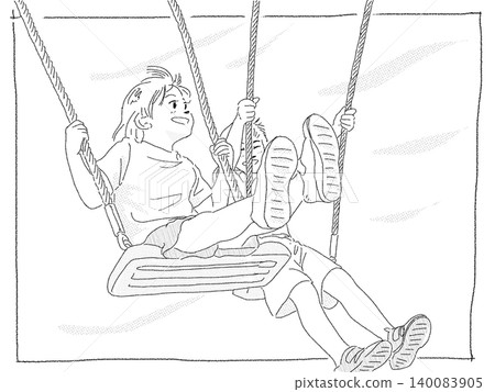 A brother and sister playing on a swing 140083905