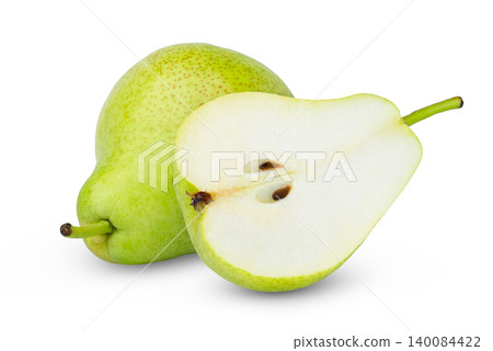Isolated green pears. Whole pear and a half green pear fruit isolated on white, clipping path. 140084422