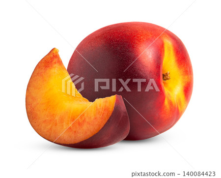 Red ripe nectarine peach and cut in a slice isolated on white. 140084423