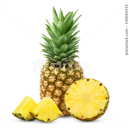Ripe pineapples and pineapple fresh slices isolated on white. Juicy pineapple and slice of pineapple with clipping path. Ripe pineapples and pineapple fresh slices isolated on white. Juicy pineapple and slice of pineapple with clipping path. 140084433