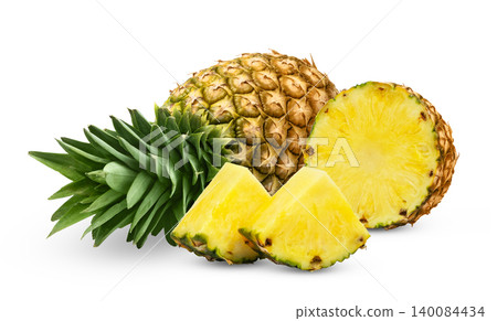 Whole pineapple and half of pineapple and two slices of pineapple isolated. Whole pineapple and half of pineapple and two slices of pineapple isolated. 140084434