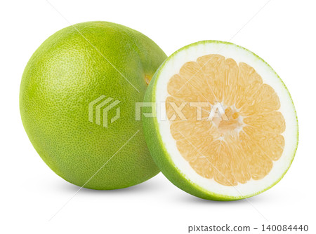 Fresh green organic oroblanco, pomelo, pomelit or sweetie grapefruit fruit and half of sweetie grapefruit citrus isolated. Fresh green organic oroblanco, pomelo, pomelit or sweetie grapefruit fruit and half of sweetie grapefruit citrus isolated. 140084440