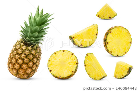 Whole pineapple and half of pineapple isolated. Collection of pineapple slices with clipping path. Pineapples isol. 140084448