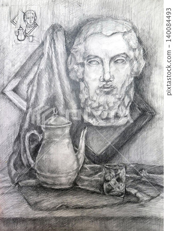 Head, teapot and frame. Household still life made in pencil in the academic style. 140084493