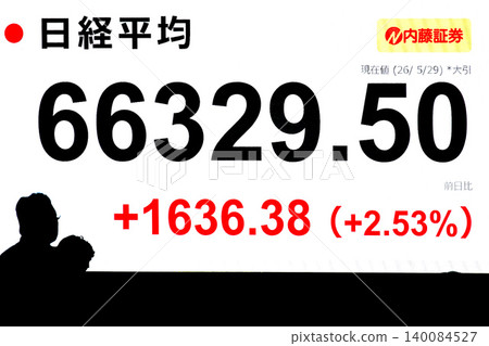 Japanese stock price for Tokyo's urban landscape reaches a new all-time high at 66,000 yen, closing at 66,329.50 yen on the 29th. Japanese stock price for Tokyo's urban landscape reaches a new all-time high at 66,000 yen, closing at 66,329.50 yen on the 29th. 140084527