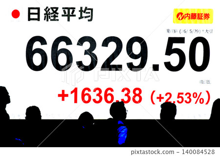 東京都市景觀的日本股價創下歷史新高，達到 66,000 日圓，29 日收在 66,329.50 日圓。 140084528