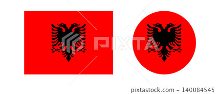 National flag of Albania. Set of Albanian circle, rectangle icon, badge, banner. Sticker, button flag of Albania rectangular, round. Flag with black double headed eagle on a red field National flag of Albania. Set of Albanian circle, rectangle icon, badge, banner. Sticker, button flag of Albania rectangular, round. Flag with black double headed eagle on a red field 140084545