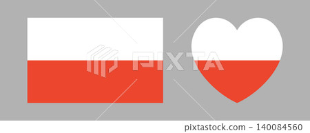 Flag of Poland. Flag icon, sticker set. Poland flag heart, rectangle banner. Rectangular, heart of Poland flag badge, background. National flag button. 140084560