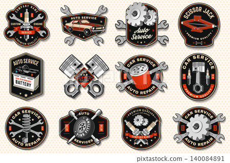 Vintage Automotive Garage Patch Collection with Car Service, Tire Repair, Battery, Shock Absorber, Piston, Gear and Scissor Jack Retro Badges. Mechanic Sticker Set and Auto Workshop Emblems Vector 140084891