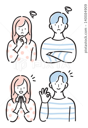 A set of illustrations of young men and women: joy and worries, smiling and troubled faces, before and after comparison, simple. A set of illustrations of young men and women: joy and worries, smiling and troubled faces, before and after comparison, simple. 140084909