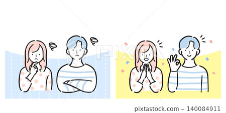 A set of illustrations of young men and women, depicting joy and worries, before and after comparisons, with backgrounds, and a simple design. 140084911