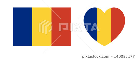 Flag of the Romania. Romanian Flag heart, rectangle icon, sticker, background. Set of rectangular, heart Romanian flag badge, button, banner. 140085177