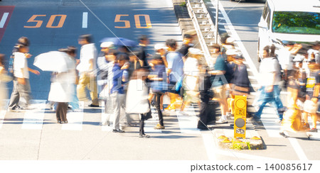 People crossing Meiji-dori intersection in Shibuya, Tokyo (with a blurred effect due to slow shutter speed) 140085617