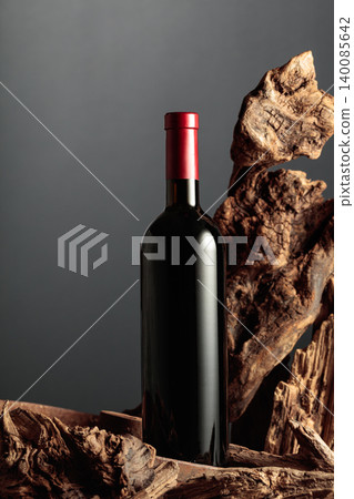 Unopened bottle of red wine and old dried snags. Unopened bottle of red wine and old dried snags. 140085642
