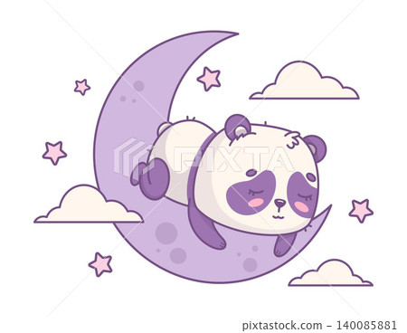 Cozy vibes. Panda Bear Sleeping On Crescent Moon With Clouds And Stars. Cute Kawaii Cartoon little Animal Character. Vector Illustration Of Magical Dreamy Night. Cozy vibes. Panda Bear Sleeping On Crescent Moon With Clouds And Stars. Cute Kawaii Cartoon little Animal Character. Vector Illustration Of Magical Dreamy Night. 140085881