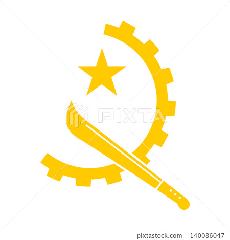 Yellow emblem consisting of a machete crossed by a half cogwheel and crowned with a five pointed star isolated on white background. Emblem from National flag of Angola. 140086047