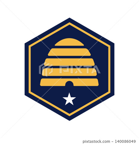 Gold outlined blue hexagon containing a gold beehive above a five pointed white star. Symbol from Flag of U.S State Utah. Gold outlined blue hexagon containing a gold beehive above a five pointed white star. Symbol from Flag of U.S State Utah. 140086049