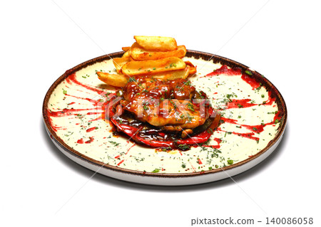 grilled chicken wings with vegetables plate in white background. grilled chicken wings with vegetables plate in white background. 140086058