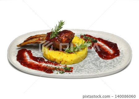 Cutlet and mashed potatoes in plate on isolated white background Cutlet and mashed potatoes in plate on isolated white background 140086060