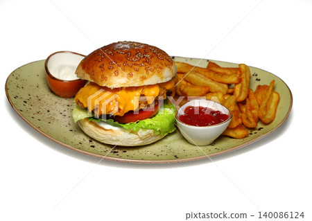 Tasty chicken burger with french fries isolated on white background. Tasty chicken burger with french fries isolated on white background. 140086124