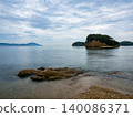 Misty panoramic landscape of Shodoshima Island with Seto Inland Sea, mountain ridges and drifting clouds. 140086371