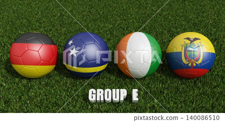 soccer balls in flags colors on soccer field .  3d rendering of group E 140086510