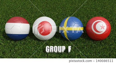 soccer balls in flags colors on soccer field .  3d rendering of group F 140086511