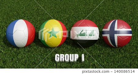 soccer balls in flags colors on soccer field . 3d rendering of group I soccer balls in flags colors on soccer field . 3d rendering of group I 140086514