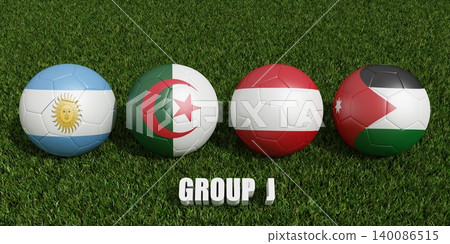 soccer balls in flags colors on soccer field . 3d rendering of group J soccer balls in flags colors on soccer field . 3d rendering of group J 140086515