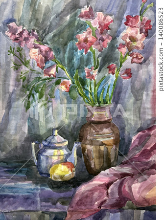 Still life with a vase,  plate, and fruits. Watercolor. Watercolor painting on paper. Still life with a jug. 140086523
