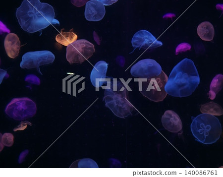 Glowing Jellyfish Floating in Dark Water with Blue Purple Neon Light Glowing Jellyfish Floating in Dark Water with Blue Purple Neon Light 140086761