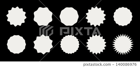 Circle sticker set. Wavy edge promo flat badge, backdrop. Star burst shape white tag for price layout. Blank sale simple sticker mockup. Vintage label layout. Silhouette samples. Graphic illustration Circle sticker set. Wavy edge promo flat badge, backdrop. Star burst shape white tag for price layout. Blank sale simple sticker mockup. Vintage label layout. Silhouette samples. Graphic illustration 140086976