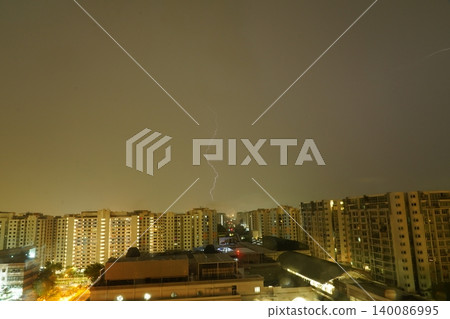 Lightning Strike Over City Buildings Night Urban Scene Lightning Strike Over City Buildings Night Urban Scene 140086995