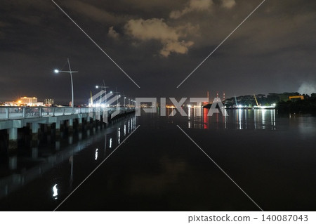 Night Pier View Reflecting City Lights on the Water Night Pier View Reflecting City Lights on the Water 140087043