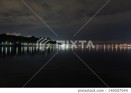 Nighttime Waterfront View with City Lights Reflections Nighttime Waterfront View with City Lights Reflections 140087044