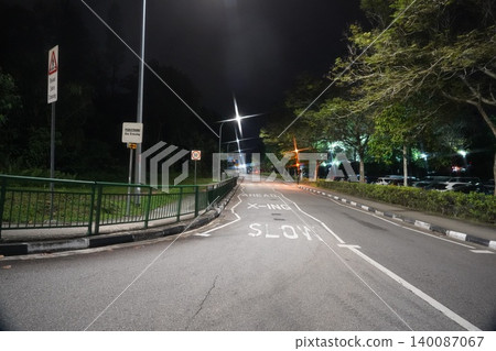 Night Scene of an Empty Road with Trees and Streetlights Night Scene of an Empty Road with Trees and Streetlights 140087067