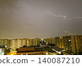 Lightning Strike Over Urban Landscape at Night 140087210