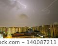 Lightning Storm Over City Buildings at Night 140087211