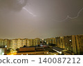 Cityscape Lightning Storm Striking Over Residential Buildings 140087212
